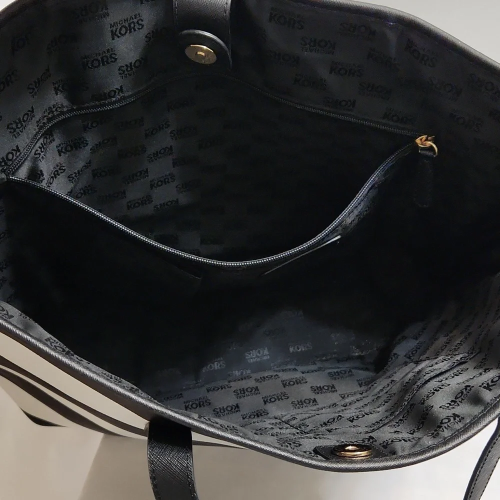 Michael Kors Jet Set Striped Large Black White Travel Tote - Picture 13 of 15